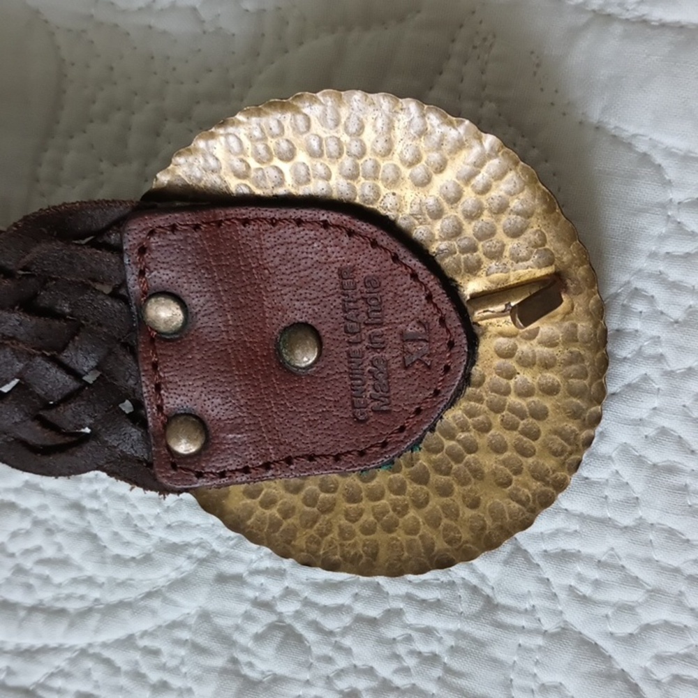 Leather Braided Cabochon Brown Belt XL Boho Western Cowgirl Antique Gold - Picture 4 of 7